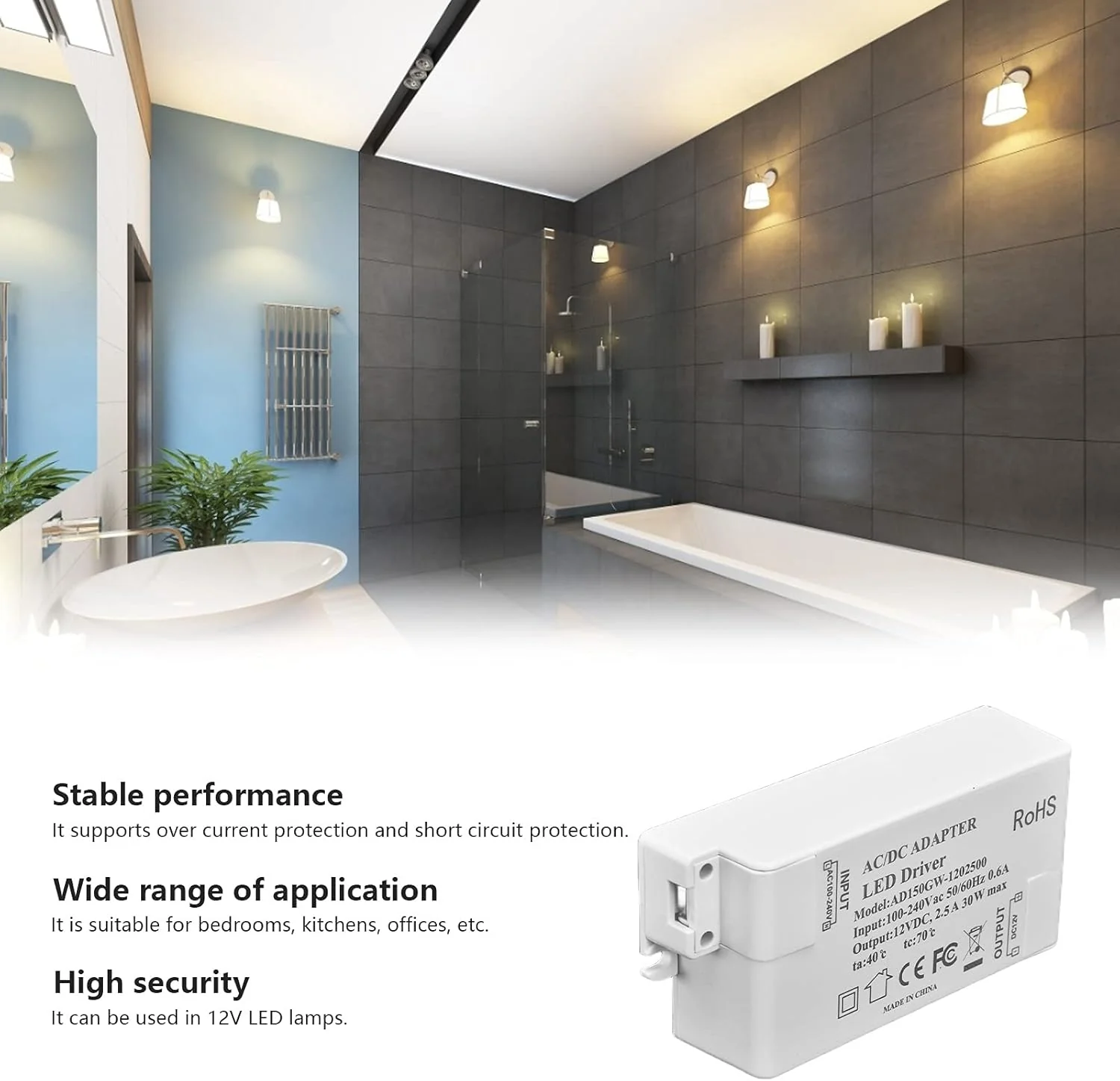 TOPINCN LED Driver,30W DC 12V 2.5A LED Driver Constant