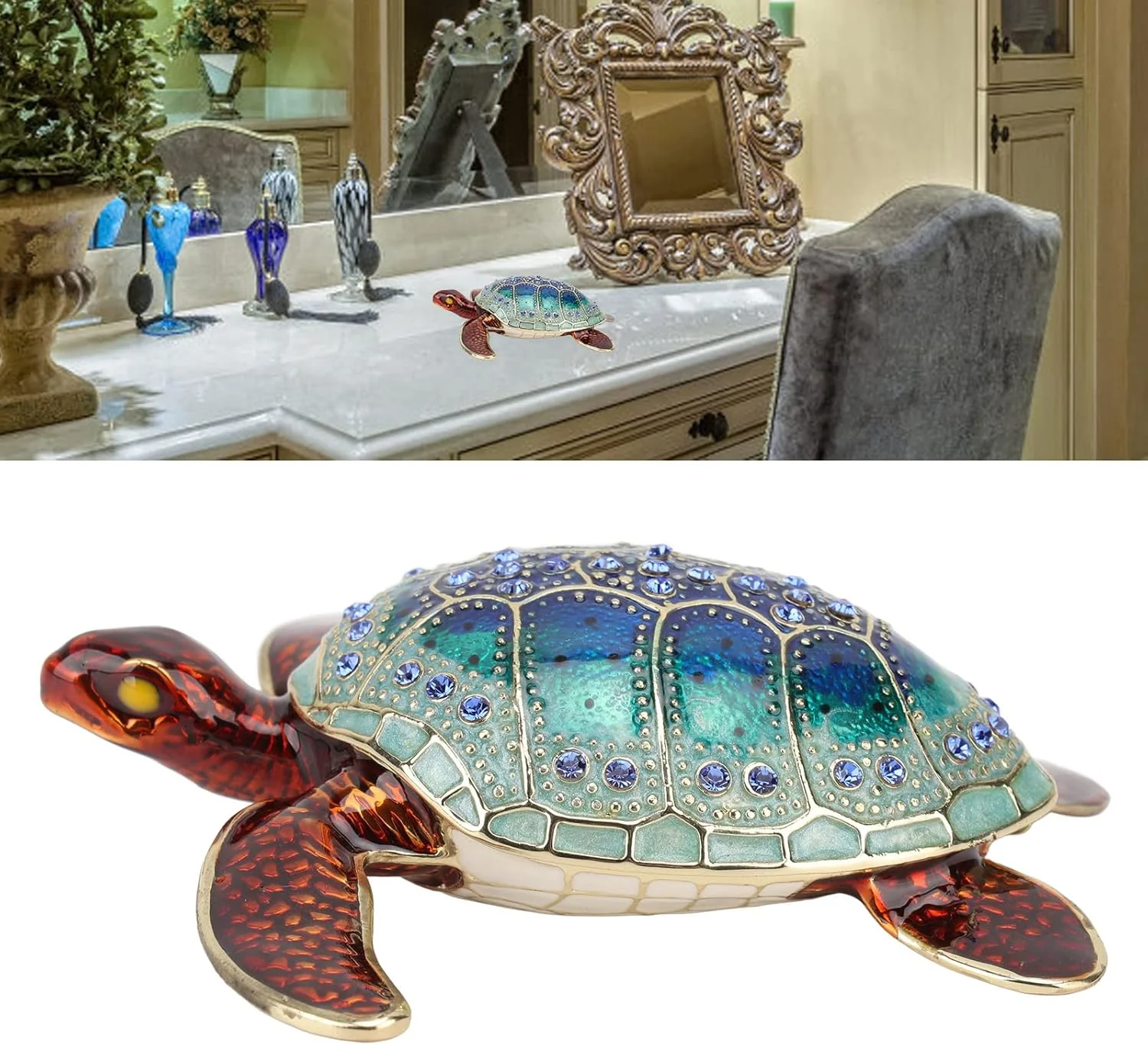 TOPINCN Rhinestone Turtles Jewelry Box Decor Gifts Storage