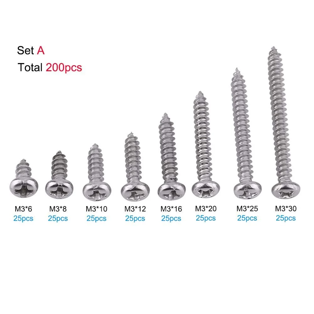 TOPINCN Screws, 200Pcs Stainless Steel Self-Tapping M3 6MM~30MM