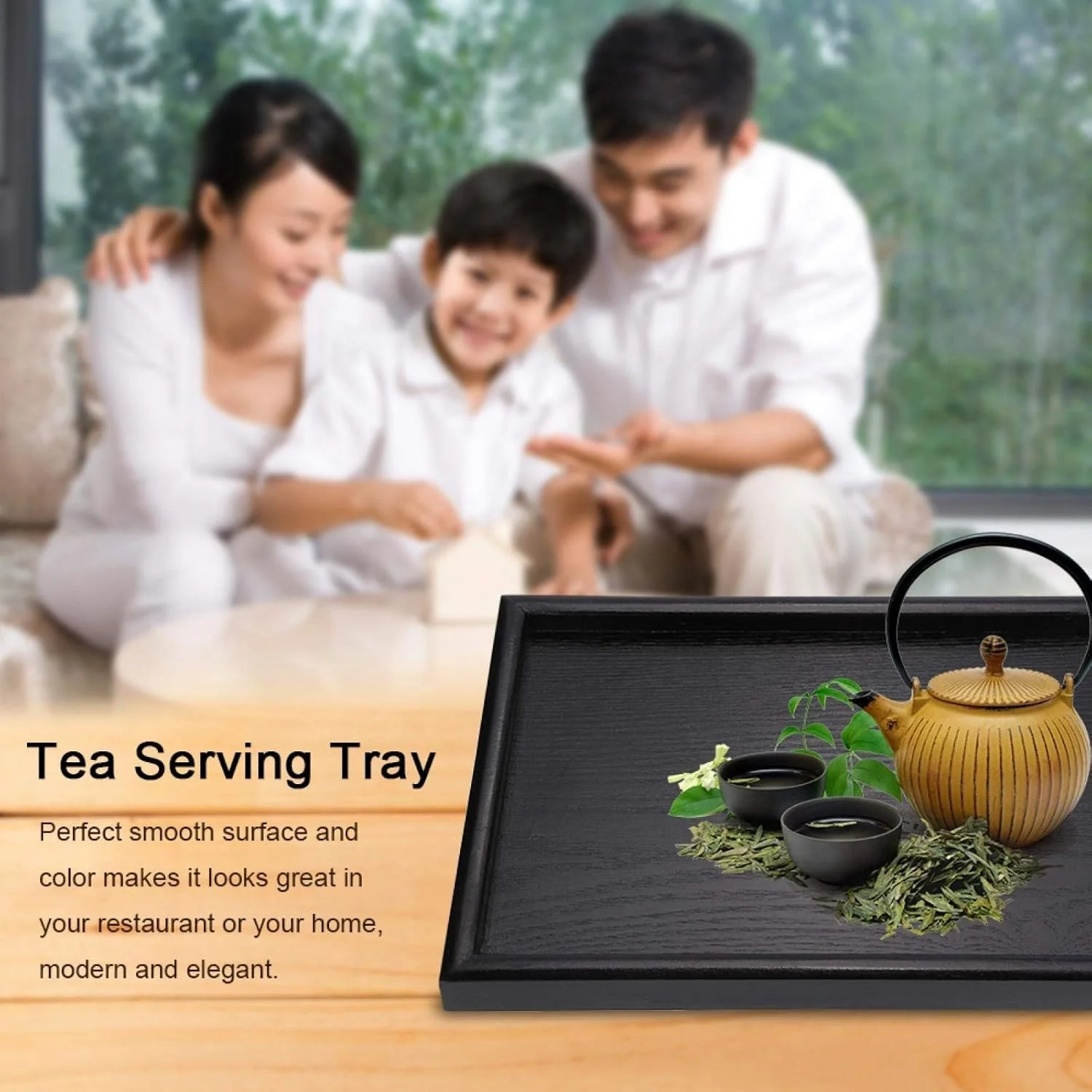 TOPINCN Tea Tray Rectangle Shape Solid Wood Versatile